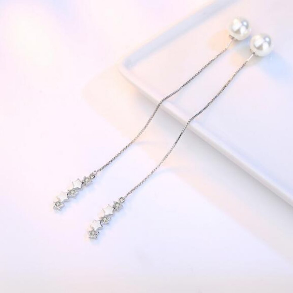 925 Sterling Silver Diamond Star Pearl Earrings - Picture 7 of 8